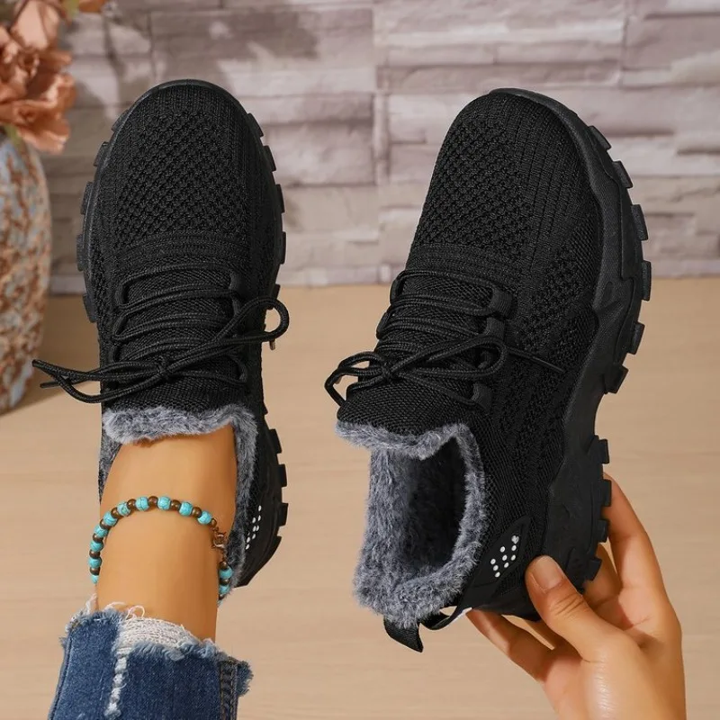 Knit Fabric Lace Up Sneakers - Women Winter Thermal Sneakers Knitted Fabric