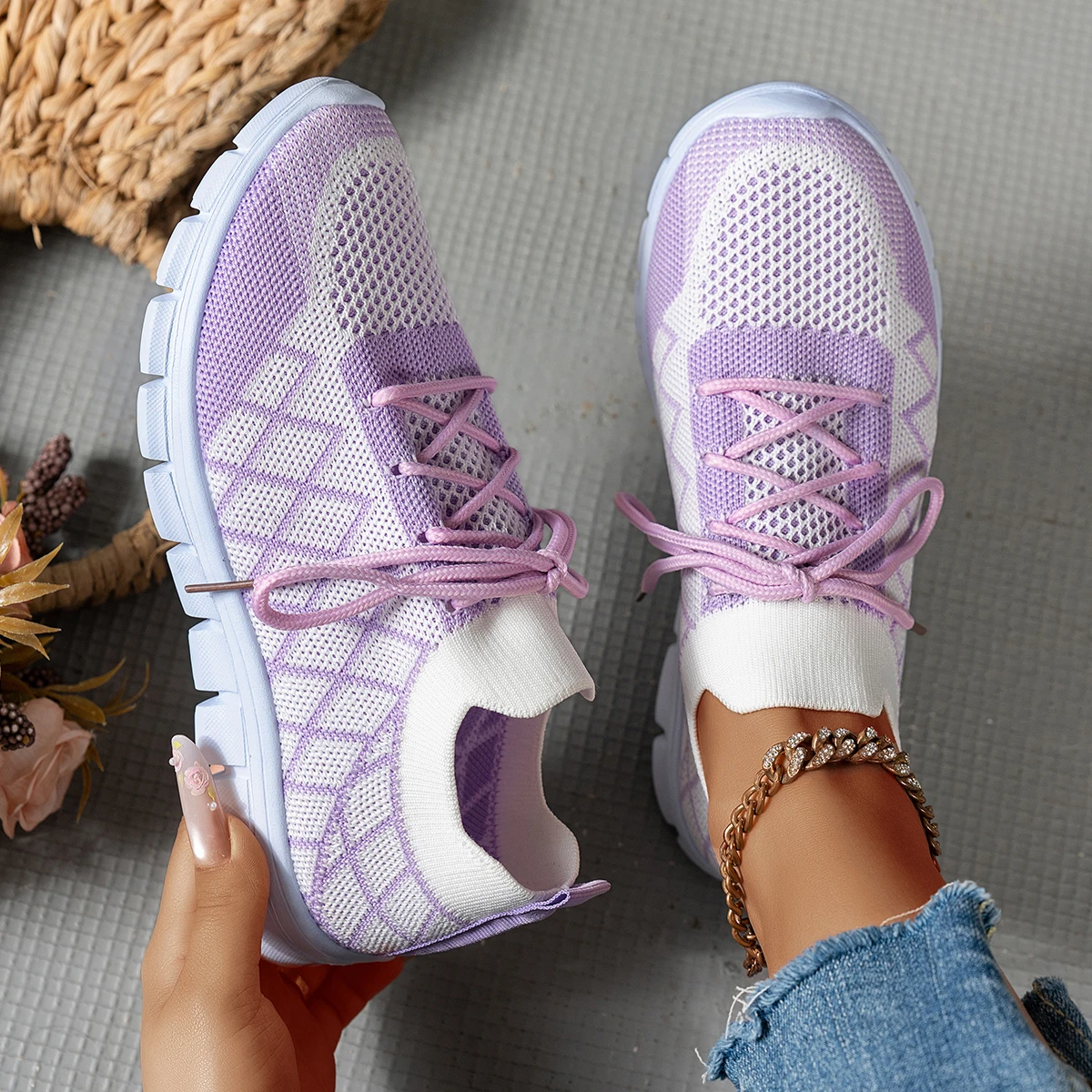 Knit Fabric Lace Up Sneakers - Women Knit Sock Sneakers, Rhombus Pattern