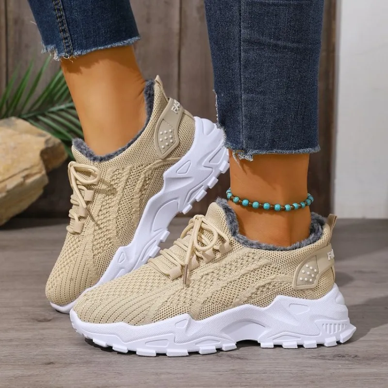 Women Winter Thermal Sneakers  - đánh giá và giá Knit Fabric Lace Up Sneakers
