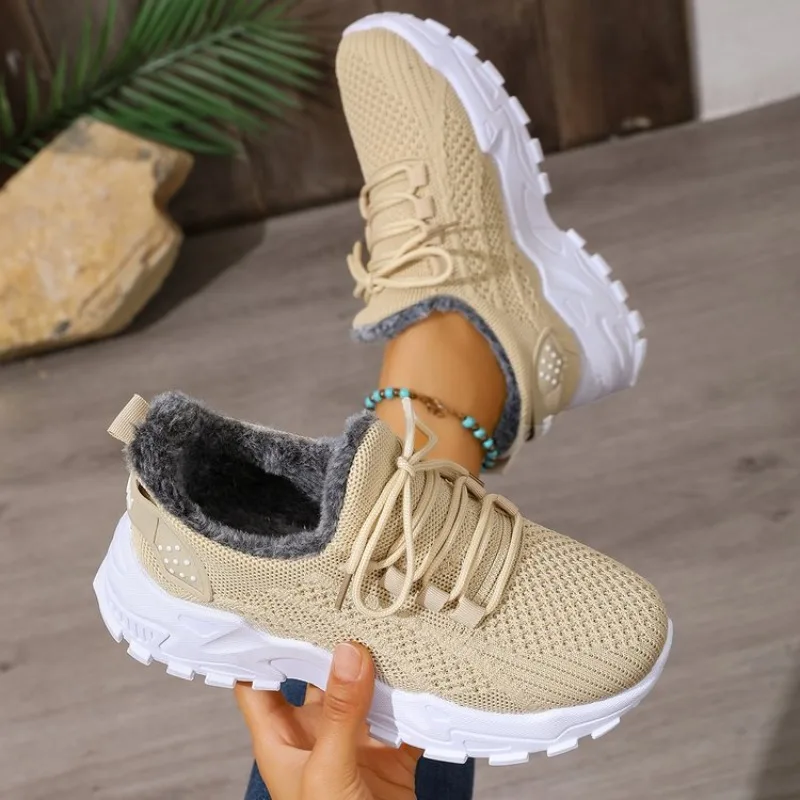 Women Winter Thermal Sneakers  - đánh giá và giá Knit Fabric Lace Up Sneakers