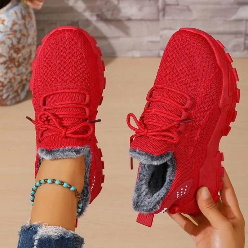 Women Winter Thermal Sneakers  - đánh giá và giá Knit Fabric Lace Up Sneakers